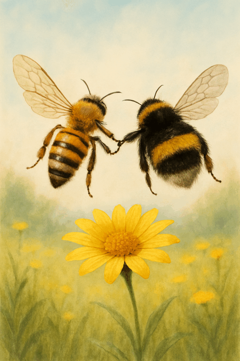 Honingbij hand in hand met hommel