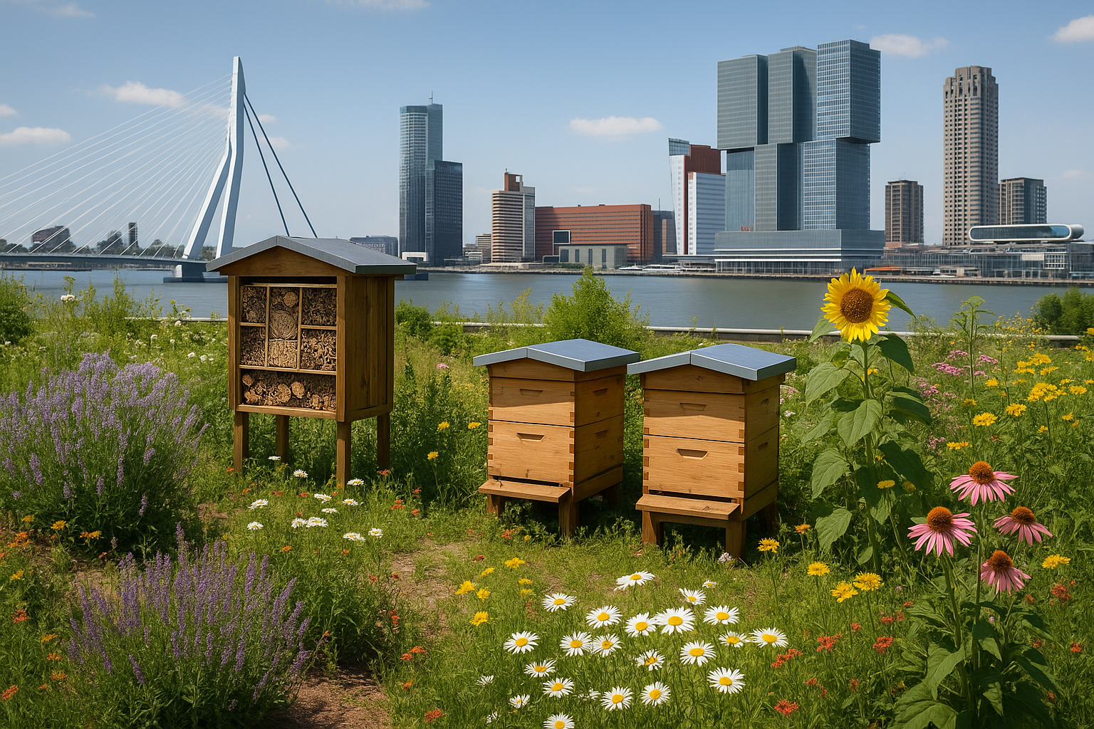 Fantasieplaat bijenkasten en groen in de stad Rotterdam